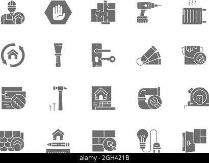 Set von Haus Renovierung grau Ikonen. Reparaturwerkstätten, Architekturprojekt, Bohrmaschine, Heizkörper, Knetmesser, Paint Eimer, Hausplan, Sanitär und Stock Vektor