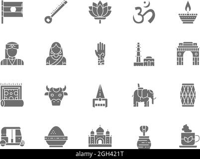 Set mit grauen Ikonen der indischen Kultur. Elefant, Tuk Tuk Car, Cobra, Sitar, Mantra, Öllampe, Tier und mehr. Stock Vektor