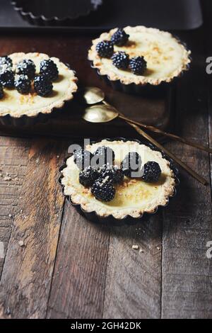 Frisch gebackene Minitörtchen mit Brombeeren auf einem Holztisch. Stockfoto