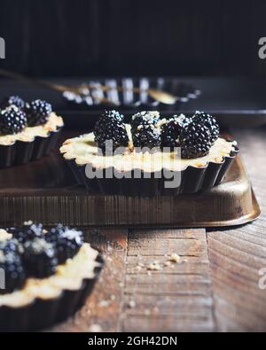 Frisch gebackene Minitörtchen mit Brombeeren auf einem Holztisch. Stockfoto