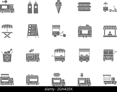 Satz grauer Symbole für Food Truck. Hot Dog, Sandwich, Picknicktisch und mehr. Stock Vektor