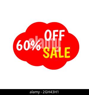 Spezielle 60 Prozent Angebot Sale Tag Red Clouds für Verkauf und Promotion isoliert 3d. Rabatt-Symbol oder Aufkleber gelb und weiß. Unternehmenswerbung Stockfoto