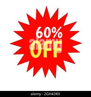 Sonderangebot 60 Prozent Angebot Sale Tag Red Star für Verkauf und Promotion isoliert 3d. Rabatt-Symbol oder Aufkleber gelb und weiß. Unternehmenswerbung Stockfoto