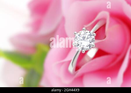 Nahaufnahme eines eleganten Diamantrings in der rosa Rose, Konzept für Heiratsantrags Stockfoto