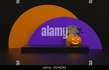Großer Sockel zur Produktanzeige mit Kürbissen, Fledermäusen und Tombstone halloween auf witzigen Kreisen lila und orange Hintergrund. 3d-Rendering. Stockfoto
