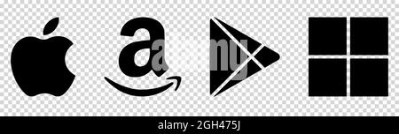 Vinnyzja, Ukraine - 2. September 2021. Satz von beliebten Store-Symbolen. Apple, Amazon, Play Store und Microsoft Store-Logo. Schwarze Vektorsymbole sind isoliert Stock Vektor