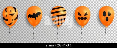 Set von realistischen orange Ballons mit verschiedenen Design isoliert auf transparent. Designelemente können für Karten, Flyer, Poster, Banner, Web, Werbung Stock Vektor