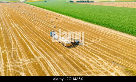 Ansicht oben auf Bagger als Verladung von Strohballen auf Anhänger, Abschleppen mit LKW auf Ackerland, Verwendung von Gabelstaplerblatt, zusätzlicher Träger. Stockfoto