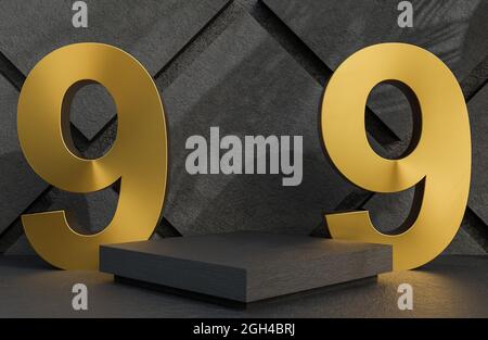 Schwarzes Steinpodium und goldener Text 9.9 für Produktpräsentation auf Steinwand Hintergrund Luxus-Stil., 3d-Modell und Illustration. Stockfoto