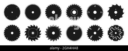 Vektor-Satz von Ikonen aus Metallscheiben für eine Kreissäge. Ein Schneidwerkzeug in Form einer flachen Metallscheibe, an deren Außenkante Zähne sind. Stock Vektor
