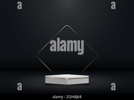 Realistischer 3D-Sockel in Weiß und Gold und goldener quadratischer Rand im schwarzen leeren Raum mit beleuchtetem Hintergrund. Sie können für Produkte verwenden Luxus d Stock Vektor