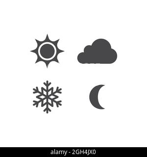 Vektorsymbole für Sonne, Schneeflocke, Wolke und Mond. Tag, Nacht, Sommer und Winter schwarzes Icon Set. Stock Vektor