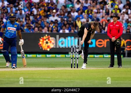 Melbourne, Australien, 1. November 2019. Kane Richardson aus Australien beim Twenty20 International Cricket Match zwischen Australien und Sri Lanka auf dem Melbourne Cricket Ground am 01. November 2019 in Melbourne, Australien. Kredit: Dave Hewison/Speed Media/Alamy Live Nachrichten Stockfoto