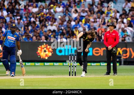 Melbourne, Australien, 1. November 2019. Kane Richardson aus Australien beim Twenty20 International Cricket Match zwischen Australien und Sri Lanka auf dem Melbourne Cricket Ground am 01. November 2019 in Melbourne, Australien. Kredit: Dave Hewison/Speed Media/Alamy Live Nachrichten Stockfoto