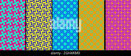 Set von hellen bunten Hintergründen mit modernen minimalistischen Etiketten. Niedliche abstrakte Texturen. Sich wiederholende bunte abstrakte Formen. Stock Vektor