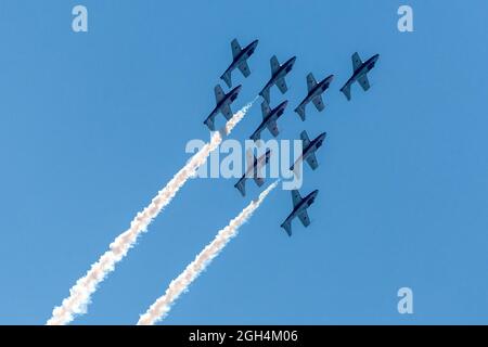 Flugzeuge der Canadian Forces (CF) Snowbirds, 431 Air Demonstration Squadron fliegen in Formation während der Canadian International Air Show (CIAS) Stockfoto