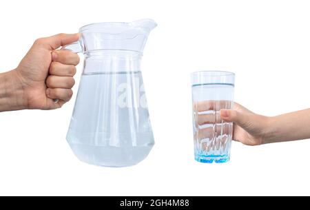 Wasser-Glas und Glas Wasser in den Händen Collage Foto isoliert auf einem weißen Hintergrund Stockfoto