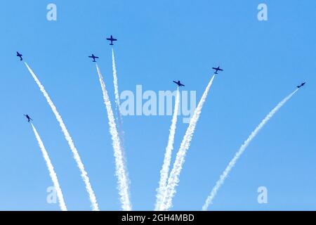 Flugzeuge der Canadian Forces (CF) Snowbirds, 431 Air Demonstration Squadron fliegen in Formation während der Canadian International Air Show (CIAS) Stockfoto