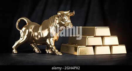 Goldener Barsch und Stier auf schwarzem Hintergrund. Bullenmarkttrend bei Gold. 3d-Illustration Stockfoto