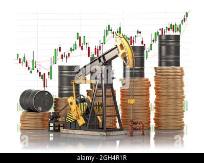 Ölfässer auf Stapel von goldenen Münzen und Ölpumpenheber mit Marktpreistabelle. Wachstum der Öllagerpreise und Förderung des Ölkonzepts. 3d-Illustration Stockfoto