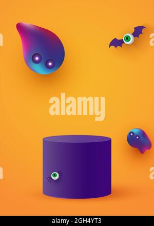 Ein zylindrisches Podium oder Sockel auf einer minimalen Bühnenfläche. Mockup Studio für Produktpräsentation, Branding Design. Halloween Hintergrund. Vektor Stock Vektor
