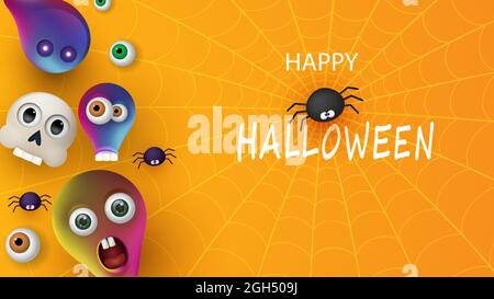 Happy Halloween Banner oder Party Einladung orange Hintergrund mit Spinnen und Monster. Vektorgrafik. Stock Vektor
