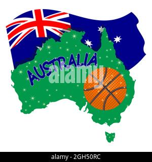 Basketball-Banner mit Australien-Flagge, Kontinent und Ball isoliert auf weißem Hintergrund. Australischer Basketball.Karte von Australien mit Basketball.Vektor Stock Vektor