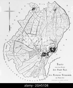 Historische Landkarte aller Immobilien der Stadt Kiel im Jahr 1846, Illustration, Schleswig-Holstein, Norddeutschland, Stockfoto