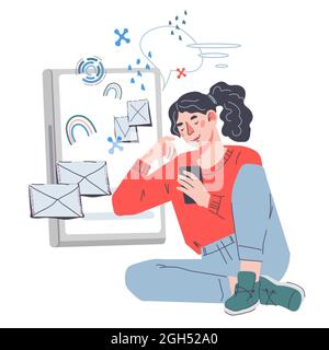 Frau immer E-Mails und Nachrichten online, flache Cartoon-Vektor-Illustration isoliert auf weißem Hintergrund. Web-Mail oder mobile Nachrichten und Mailing ser Stock Vektor