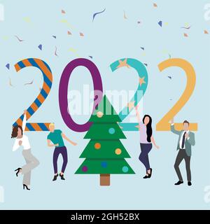 Party neu 2022 Jahr. Freunde tanzen um den weihnachtsbaum herum. Fröhliche Menschen feiern und genießen das kommende neue Jahr. Vektorgrafik. Dekorierte Tanne- Stock Vektor