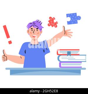 Smart clever Schuljunge lernt, indem Lösung oder wissen Antwort auf Frage, flache Cartoon-Vektor-Illustration isoliert auf weiß. Bildung für Chil Stock Vektor