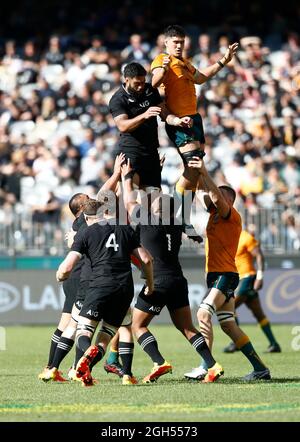 5. September 2021; Optus Stadium, Perth, Australien: Bledisloe Cup internationales Rugby, Australien gegen Neuseeland; die All Blacks gewinnen die Linie aus Stockfoto