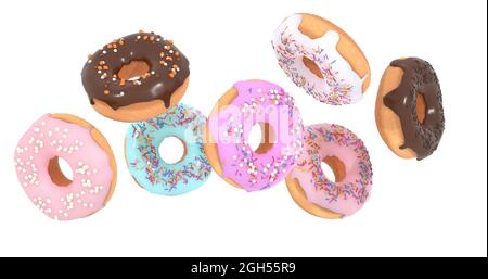 Flying Donuts - Mischung aus bunten süßen Donuts mit Streuseln auf weißem Hintergrund isoliert. 3d Stockfoto