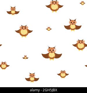 Nahtloses Muster mit lustigen Eulen. Der fröhliche, kreative Charakter der Eule und des Eulens. Patern für Design. Stock Vektor