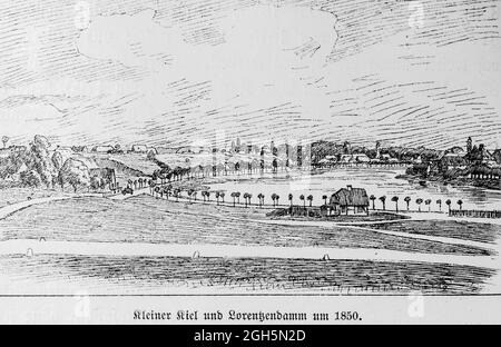 Ansicht von kleiner Kiel und Lorentzendamm um 1850, Kieler Stadtgravur 1899, Kiel, Kieler Förde, Schleswig-Holstein, Norddeutschland, Stockfoto