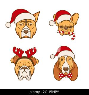 Vier Hunde in einem Weihnachtsmannhut Stock Vektor