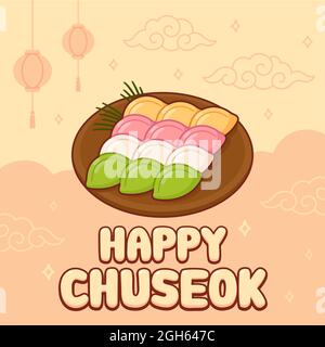 Happy Chuseok, koreanischer Herbsturlaub, Erntefest. Niedliche Cartoon Grußkarte Design mit Songpyeon Reiskuchen. Vektorgrafik Clip Art Illustration. Stock Vektor