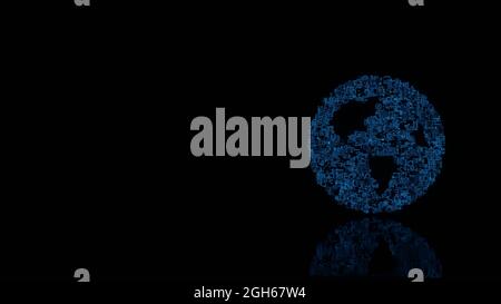 3d-Rendering verschiedene blaue Draht glühenden mechanischen Teilen in Form von Symbol des Globus Amerikas Kontinente isoliert auf schwarzem Hintergrund mit Reflexion o Stockfoto