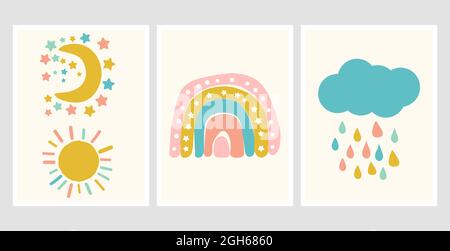 Niedliche Poster im skandinavischen Stil mit Regenbogen, Wolke und Sonne. Kindliche Zeichnung für Kinderzimmer-Design. Fun Rainbow. Handgezeichnete Abbildung. Skandinavisch Stock Vektor