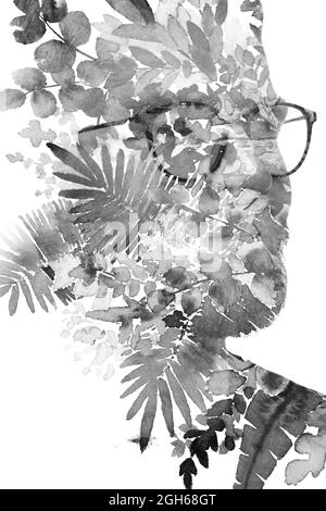 Paintographie. Ein Schwarz-Weiß-Porträt eines Mannes kombiniert mit einem Gemälde Stockfoto