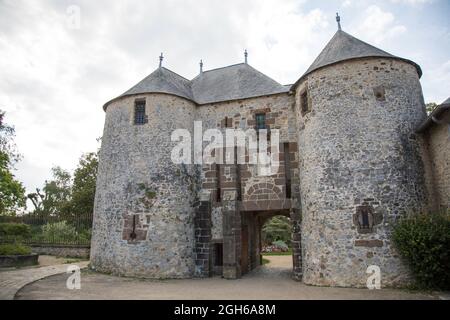 Historische Stadt Fresnay-sur-Sarthe, Normandie, Frankreich Stockfoto