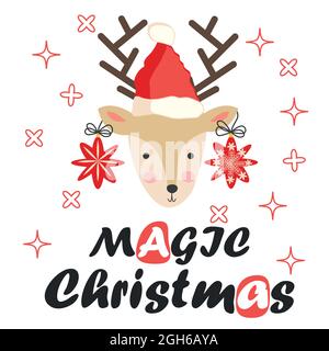 Rentier mit Weihnachtssternen auf den Hörnern und einem weihnachtsmannhut. Weihnachtskarte mit einem Hirsch und Buchstaben. Niedliches Winterposter, Weihnachtskarte, Banner, Stock Vektor