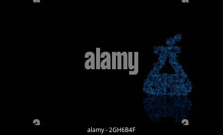 3d-Rendering verschiedene blaue Draht glühenden mechanischen Teilen in Form eines Symbols von chemischen Kolben mit Blasen isoliert auf schwarzem Hintergrund mit Reflexion Stockfoto