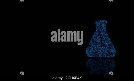 3d-Rendering verschiedene blaue Draht glühenden mechanischen Teilen in Form eines Symbols von chemischen Kolben mit Maß isoliert auf schwarzem Hintergrund mit Reflexion Stockfoto