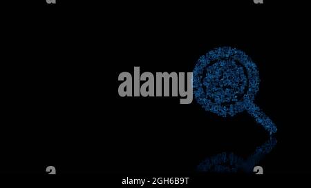 3d-Rendering verschiedene blaue Draht glühenden mechanischen Teilen in Form eines Symbols von Lupe mit Virus isoliert auf schwarzem Hintergrund mit Reflexion Stockfoto