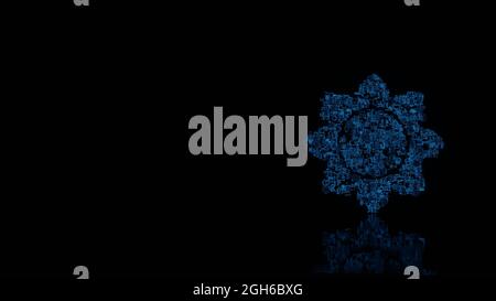 3d Rendering verschiedene blaue Draht glühenden mechanischen Teilen in Form eines Symbols der Sonnenblumenblume mit Blütenblättern isoliert auf schwarzem Hintergrund mit reflectio Stockfoto