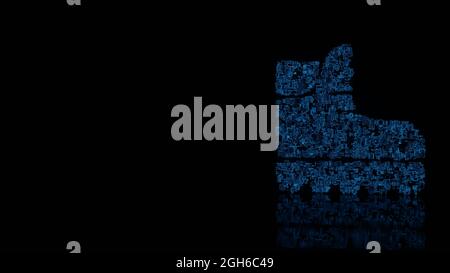 3d-Rendering verschiedene blaue Draht glühenden mechanischen Teilen in Form von Symbol der Arbeit Schuhe aus Profil isoliert auf schwarzem Hintergrund mit Reflexion auf Stockfoto