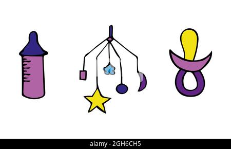 Vektor-Illustration mit Kinderspielzeug, mechanischem Musikspielzeug und Fütterungsflasche. Stock Vektor
