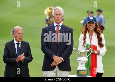 Franco Chimenti Giovanni Malago’ und Lavinia Biagiotti während der 4. Runde der 78. Italienischen Golf Open von DS Automobiles im Marco Simone Golf Club am 05. September 2021 in Rom Italien Stockfoto