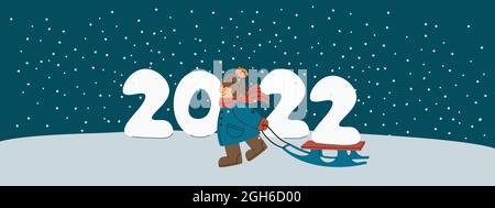 Vektor-Weihnachtsbanner. Glückliches Kind hat Glück 2022 auf einem Schlitten. Stock Vektor